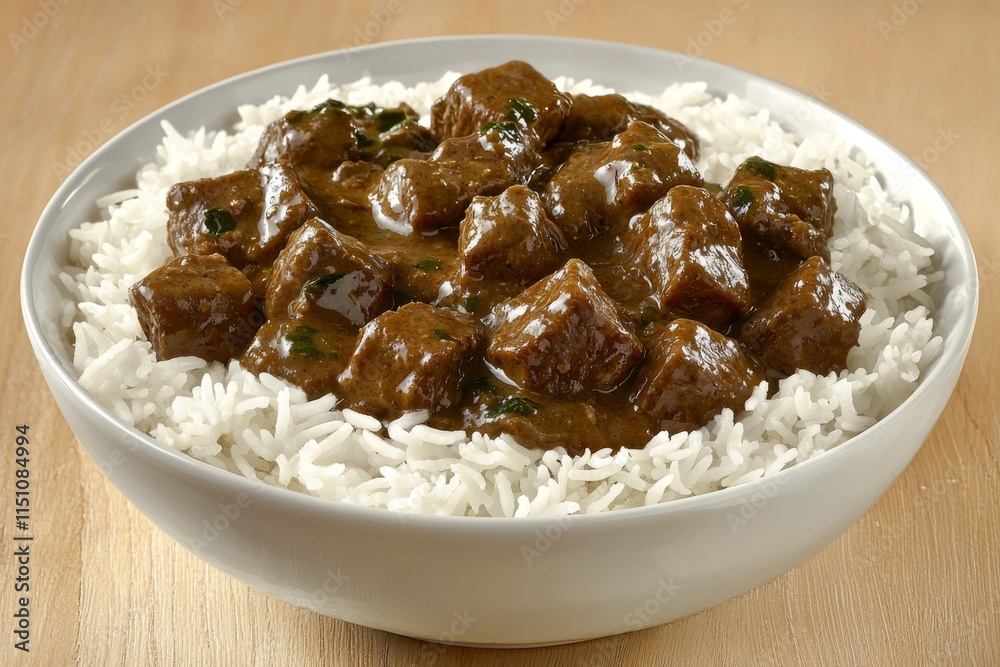 Delicious Beef Curry with Fluffy Basmati Rice in Bowl Delicious Beef Curry with Fluffy Basmati Rice in Bowl