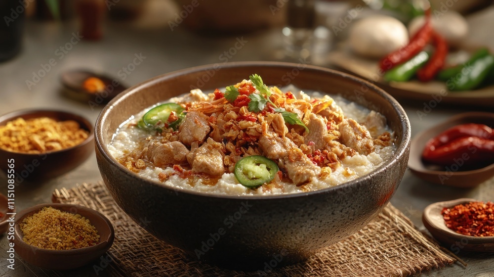 Photorealistic Side View of Bubur Ayam with Garnishes and Accompaniments in a Rustic Setting Photorealistic Side View of Bubur Ayam with Garnishes and Accompaniments in a Rustic Setting
