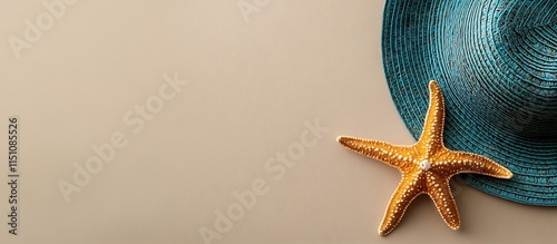 A vibrant beach hat and a starfish positioned on a smooth beige background viewed from the top photo