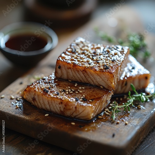 Freshly seared albacore tuna slices resting on a ceramic platter.