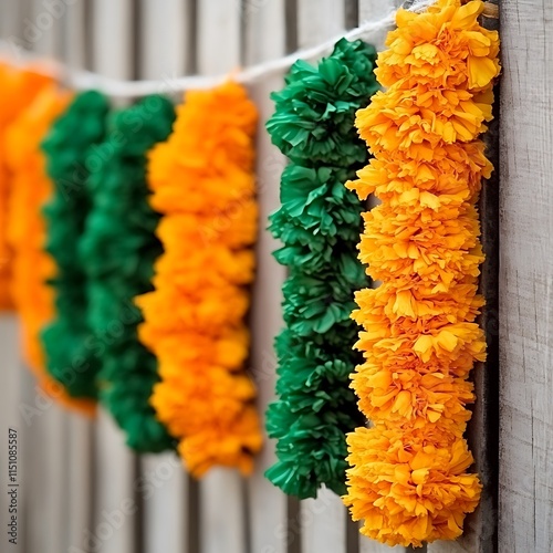 Colorful flower garlands hang on a wooden fence