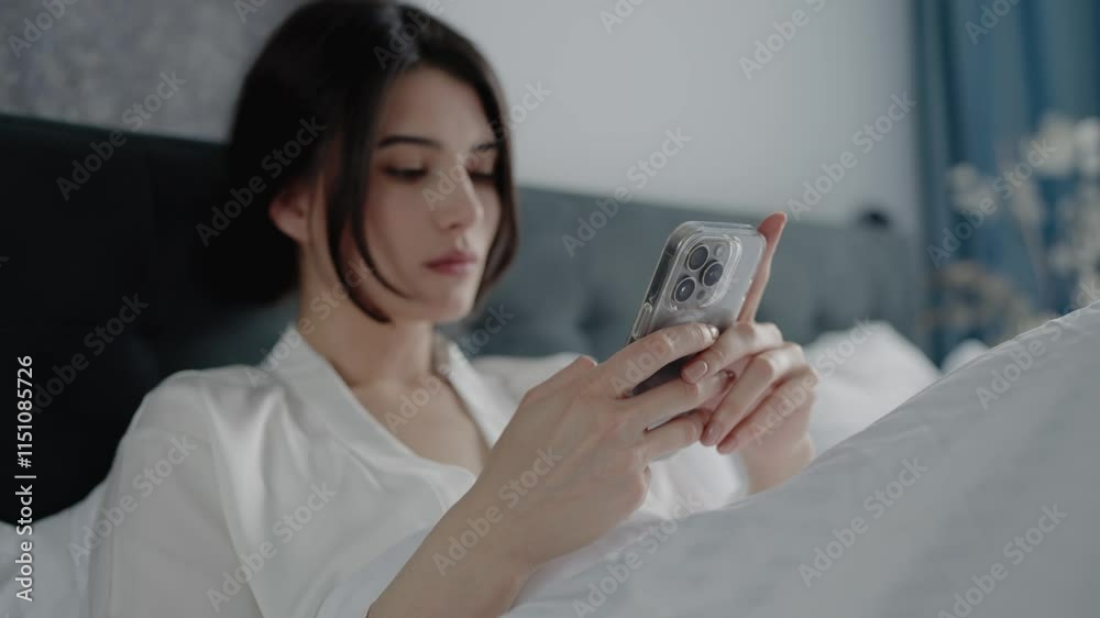 Young woman in bed using her smartphone for browsing and communication. Relaxed and focused. Woman in Bed Texting on Smartphone in Cozy White Robe Young woman in bed using her smartphone for browsing and communication. Relaxed and focused. Woman in Bed Texting on Smartphone in Cozy White Robe