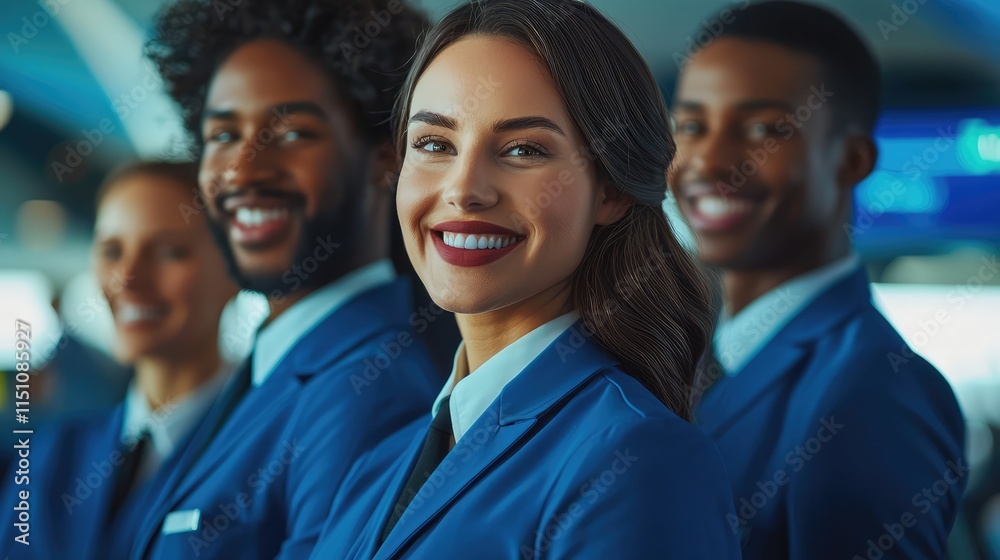Group of smiling professionals in blue uniforms posing together Group of smiling professionals in blue uniforms posing together