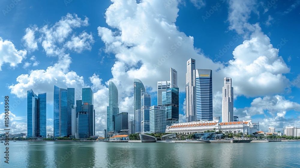 Fototapeta premium A panoramic view of a modern city skyline reflecting on water under a blue sky.