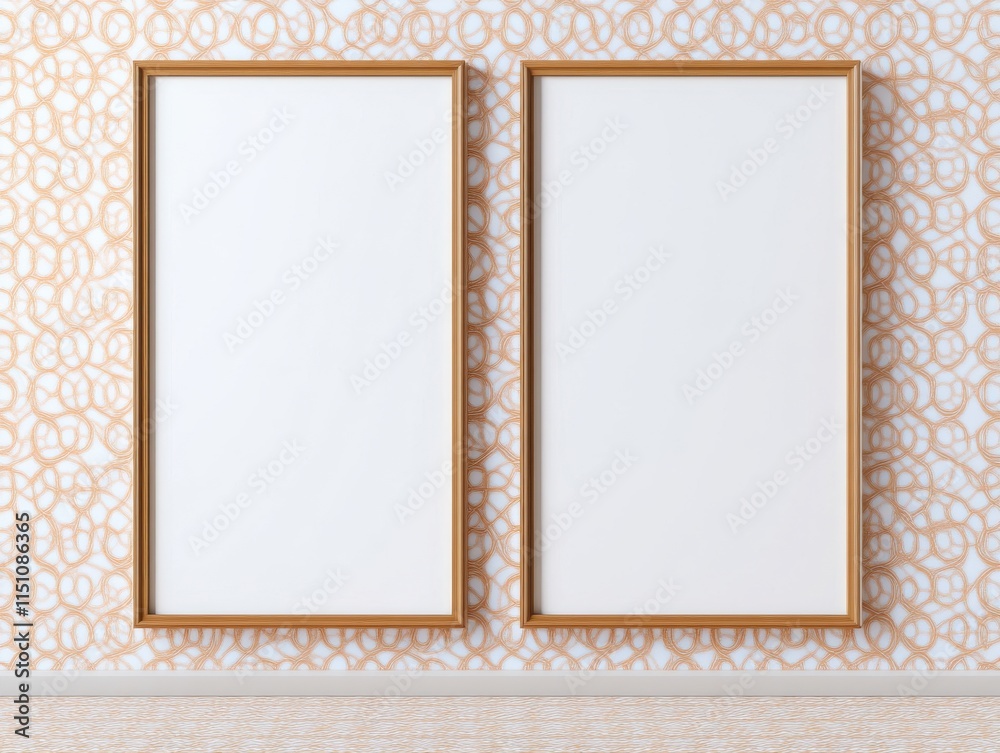 Fototapeta premium Elegant empty frames on a patterned wall for creative display.