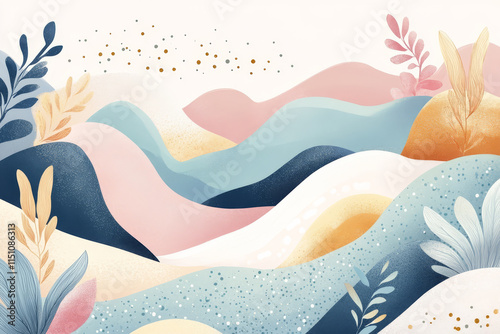 creative abstract landscape featuring soft waves and colorful foliage, evoking sense of tranquility and inspiration. design includes pastel colors and organic shapes