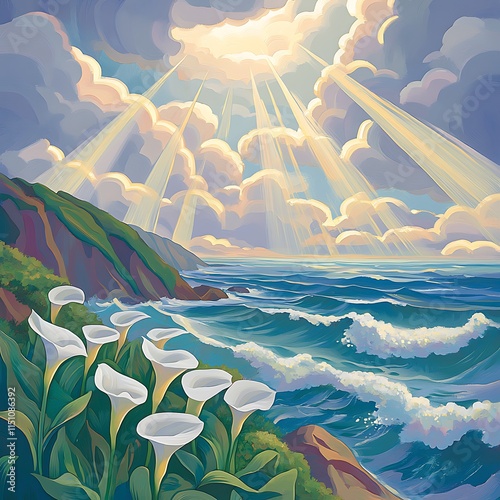 Coastal Scene with Heavenly Light and Calla Lilies