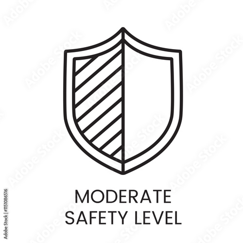 A vector linear icon of a shield split into two sections, with one half filled with diagonal lines, representing a moderate safety level with an editable stroke