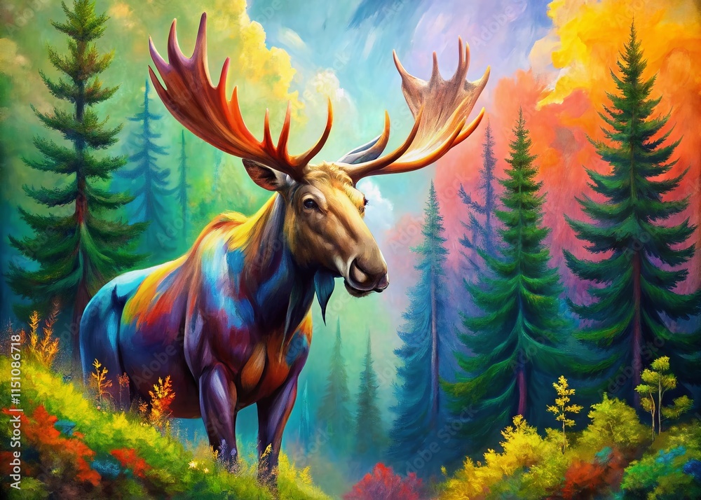 Bright Moose in Forest - Large Brush Strokes - AI Art Bright Moose in Forest - Large Brush Strokes - AI Art