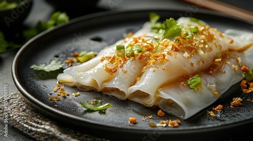 Photorealistic Side View of Chee Cheong Fun with Garnishes on a Dark Plate photo