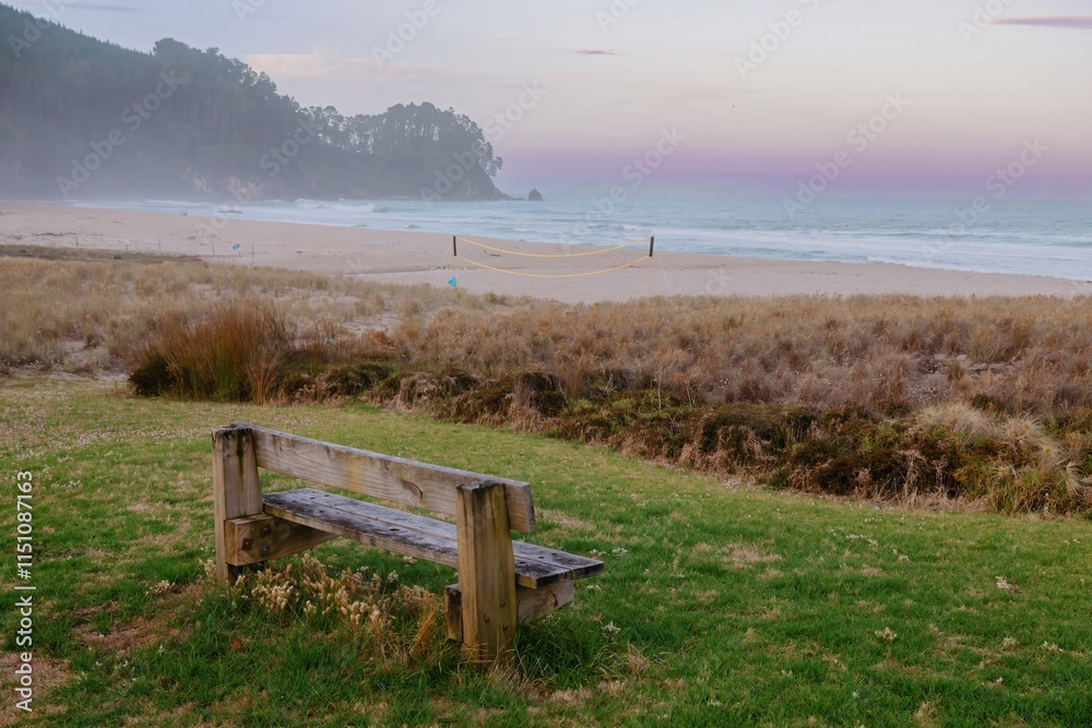 Empty beach at dawn, volleyball net on the sand, wooden bench on grassy hill. Tranquil coastal scene. ONEMANA, COROMANDEL PENINSULA, NEW ZEALAND Empty beach at dawn, volleyball net on the sand, wooden bench on grassy hill. Tranquil coastal scene. ONEMANA, COROMANDEL PENINSULA, NEW ZEALAND
