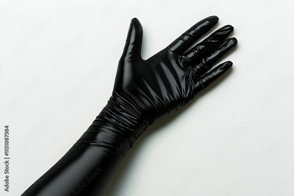 Obraz premium Black Latex Glove on White Surface Ready for Medical or Cosmetic Use in Healthcare and Beauty Settings