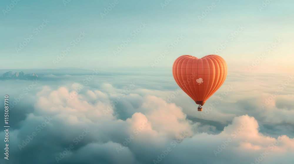 Obraz premium heart shaped hot air balloon floats above fluffy clouds, creating whimsical scene
