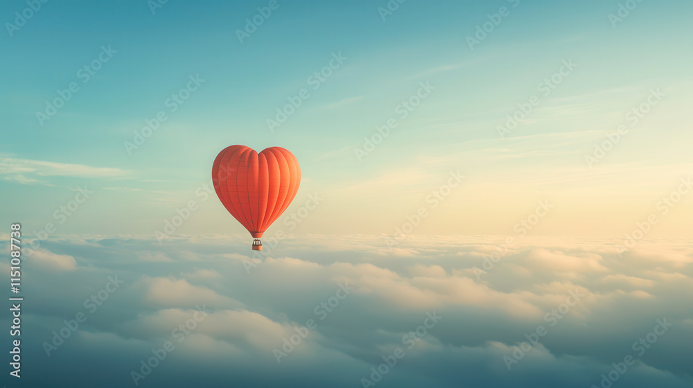 Fototapeta premium whimsical scene of heart shaped hot air balloon floating above fluffy clouds, evoking sense of adventure and romance