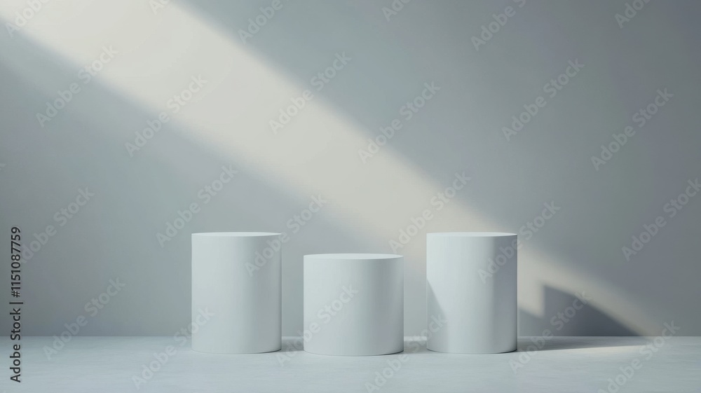 Minimalist white cylinders casting soft shadows in natural light. Minimalist white cylinders casting soft shadows in natural light.