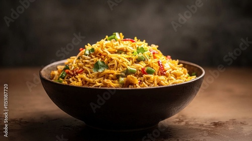 Photorealistic Side View of Delicious Chinese Bhel in a Bowl with Colorful Vegetables and Aromatic Spices