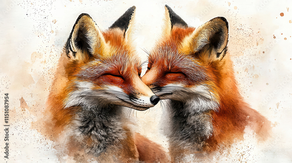Obraz premium Whimsical watercolor painting of two foxes sharing tender moment, showcasing their vibrant fur and expressive faces