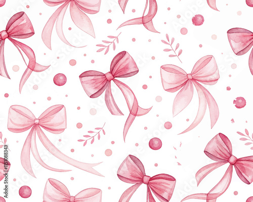 holiday print on white background,for Valentine's day or wedding romantic events,watercolor seamless pattern with pink ribbons and bows