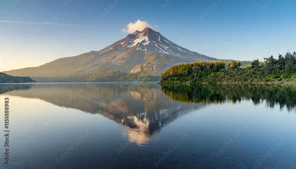 Volcanic mountain in morning light reflected in calm waters of lake Volcanic mountain in morning light reflected in calm waters of lake