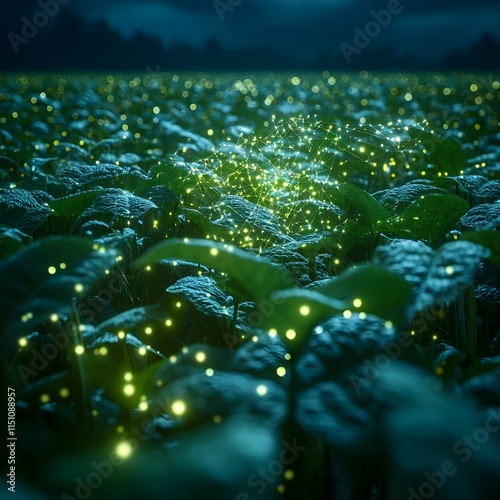 Expansive soybean field awash in vibrant greens and whites adorned with a mesmerizing array of glowing data points weaving through the air photo