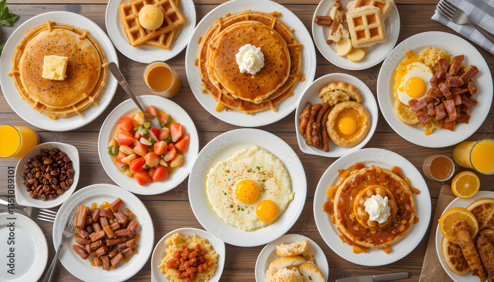 Delicious Brunch Spread with Waffles, Eggs, and Fruit on Wooden Table Delicious Brunch Spread with Waffles, Eggs, and Fruit on Wooden Table