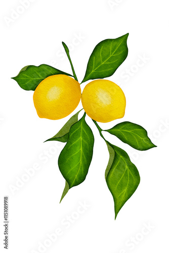 Watercolor lemon fruit on a branch with green leaves, isolated on a white background