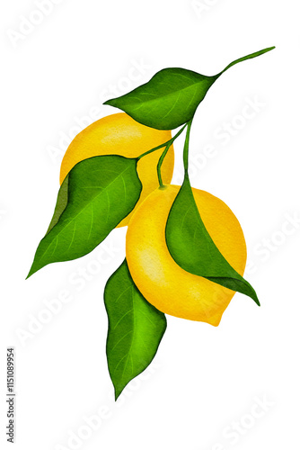 Watercolor lemon fruit on a branch with green leaves, isolated on a white background