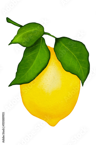 Watercolor lemon fruit on a branch with green leaves, isolated on a white background