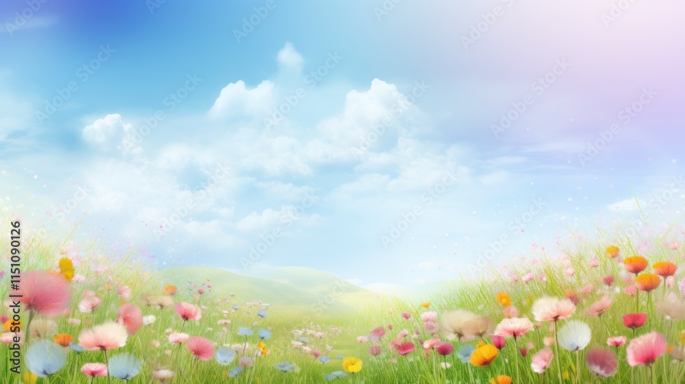 Serene Pastel Flowers Bloom In Sunny Meadow Landscape Serene Pastel Flowers Bloom In Sunny Meadow Landscape