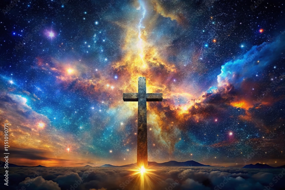 Fototapeta premium Celestial Cross - Religious Night Sky Photography AI Art