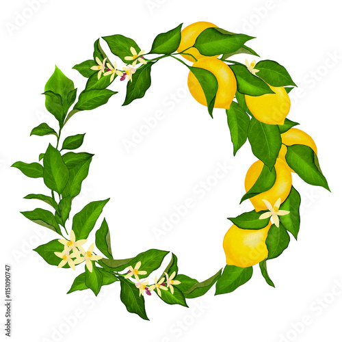 Watercolor floral frame-border with lemons and green leaves.