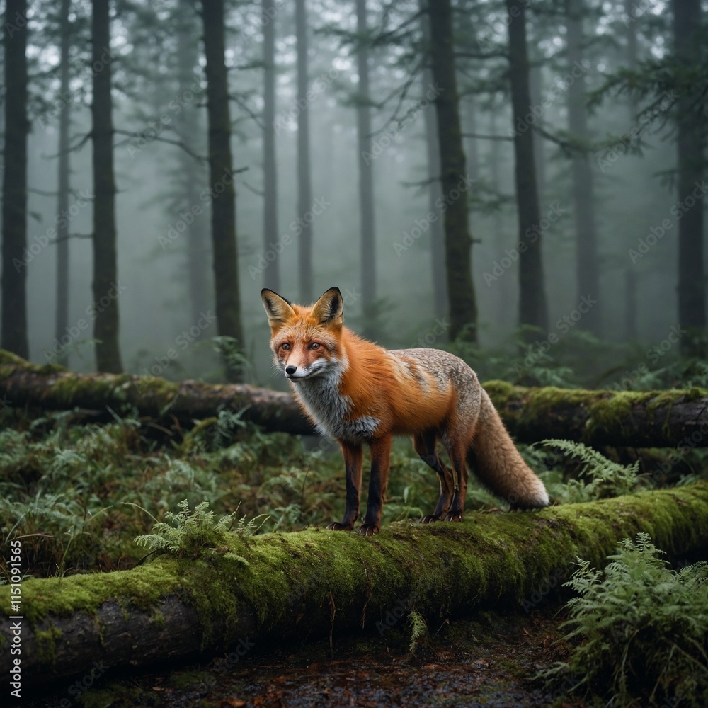 Naklejka premium A red fox standing on a mossy log in a misty forest.