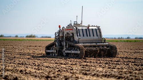Robust, modern tilling machine working on expansive farmland, symbolizing advanced agricultural practices