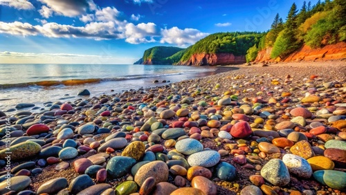 Multi-colored stones scattered on a peaceful Bay of Fundy beach, multicolored, stones, beach, Bay of Fundy, colorful, pebbles
