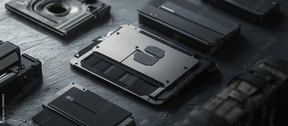 Obraz premium A stock wallet with a modular design, detachable compartments, sleek industrial look, metallic silver and black, 