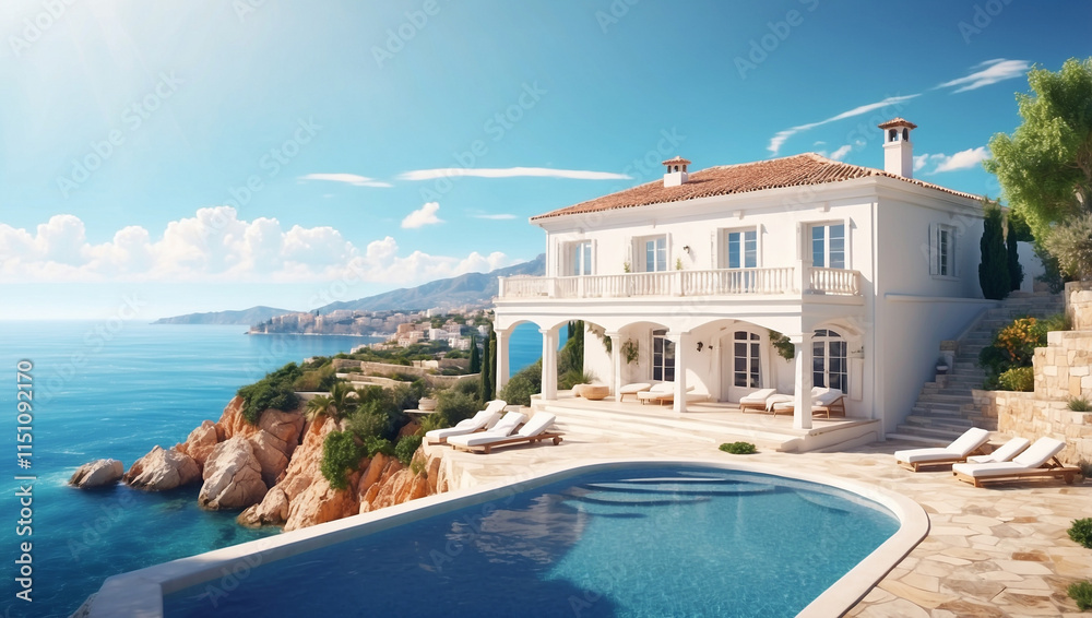 Fototapeta premium A Traditional Mediterranean White House with a Stunning View of the Ocean