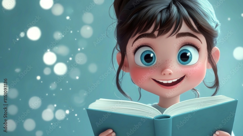 Happy Girl Reading Book In A Soft Blue Light Happy Girl Reading Book In A Soft Blue Light