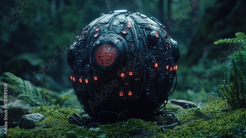 Futuristic black orb with red glowing accents placed in a serene forest environment, blending technology and nature