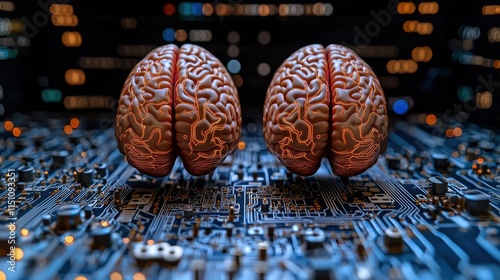 Futuristic representation of glowing neural brains resting on a detailed circuit board, symbolizing AI and neural networks