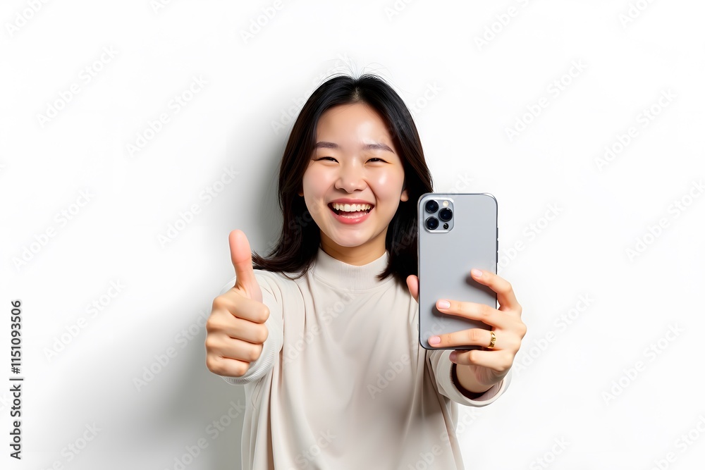 Indonesian woman holding mobile phone, happy, winner concept. isolated on plain white background Indonesian woman holding mobile phone, happy, winner concept. isolated on plain white background