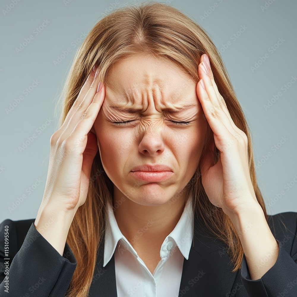 Businesswoman afflicted with headache, poor vision at workplace. Businesswoman afflicted with headache, poor vision at workplace.