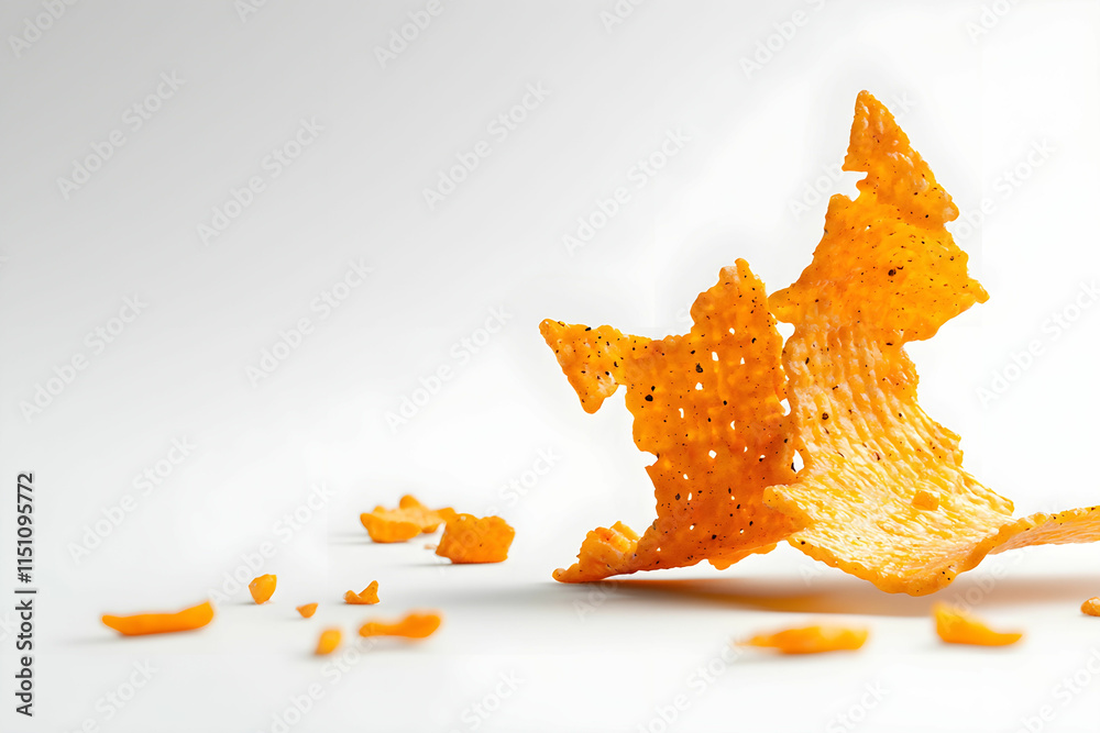 Fototapeta premium Crunchy Orange Snack Chips on White Background with Fragments Captured in Motion