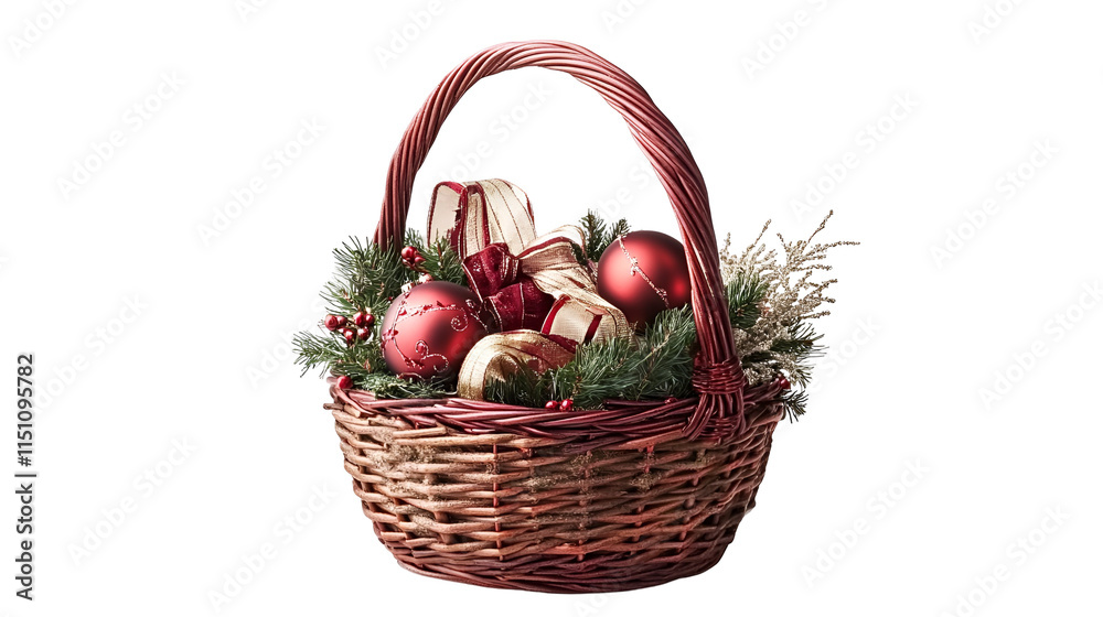 Christmas Gift Basket Red Ornaments, Festive Bow, Wicker, Pine Christmas Gift Basket Red Ornaments, Festive Bow, Wicker, Pine