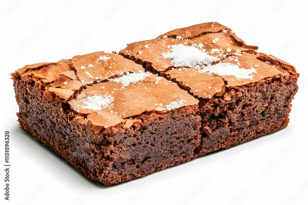 Delicious and Chewy Brownie Dessert with Cracked Surface and Light Powdered Sugar Topping on White Background Delicious and Chewy Brownie Dessert with Cracked Surface and Light Powdered Sugar Topping on White Background