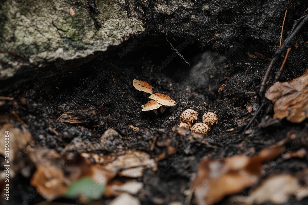 Close-up of a small patch of wild mushrooms growing on forest floor, Earth Day forest preservation, earthy textures, natural light. Close-up of a small patch of wild mushrooms growing on forest floor, Earth Day forest preservation, earthy textures, natural light.