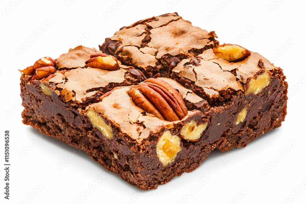 Delicious Chocolate Brownie with Pecans and Nuts on a White Background for Dessert and Bakery Use Delicious Chocolate Brownie with Pecans and Nuts on a White Background for Dessert and Bakery Use