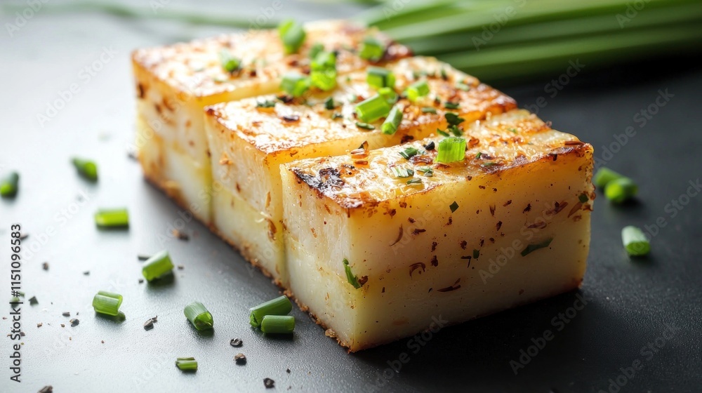 Photorealistic Turnip Cake with Chopped Green Onions on a Dark Background Photorealistic Turnip Cake with Chopped Green Onions on a Dark Background