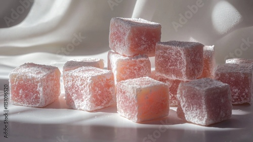 Photorealistic Side View of Turkish Delight on Soft Fabric Background with Natural Light Highlights