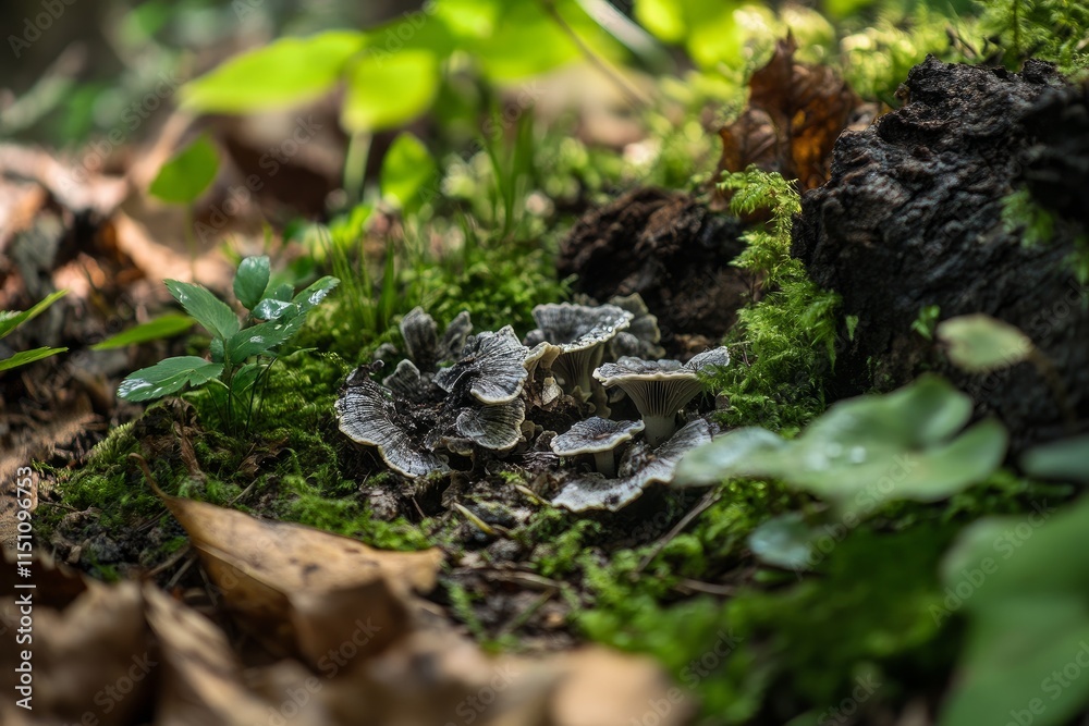 Close-up of a small patch of wild mushrooms growing on forest floor, Earth Day forest preservation, earthy textures, natural light. Close-up of a small patch of wild mushrooms growing on forest floor, Earth Day forest preservation, earthy textures, natural light.