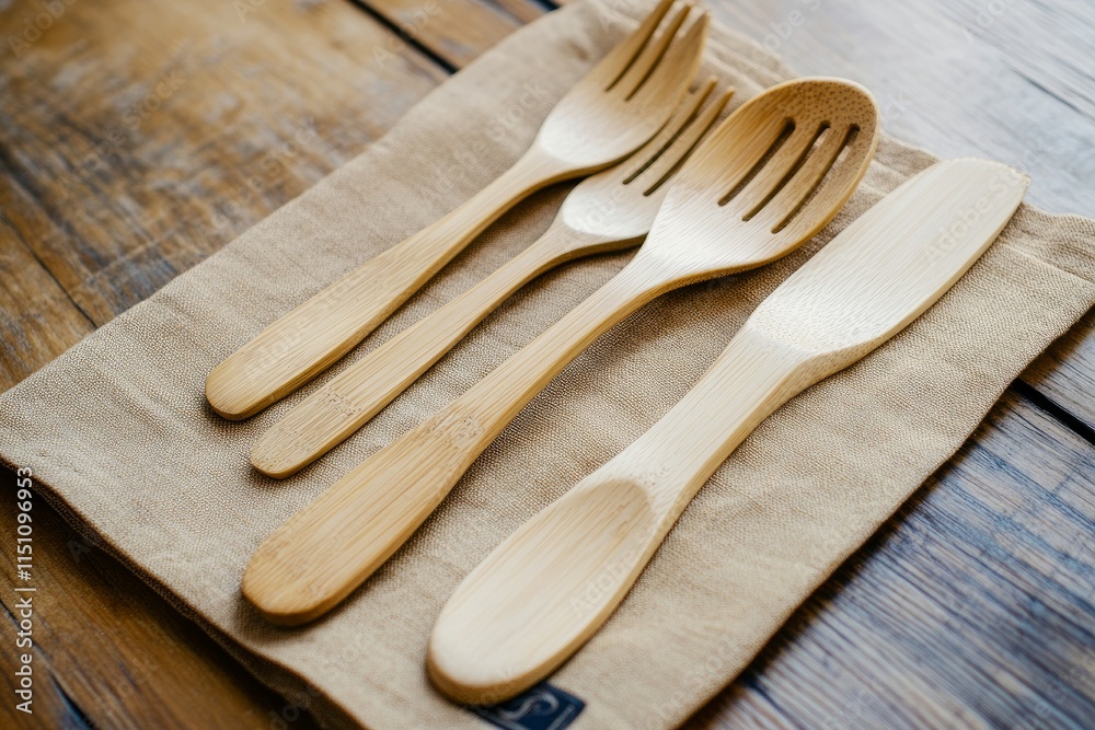 Close-up of a sustainable bamboo cutlery set on a wooden table, Earth Day zero waste, clean design, natural light. Close-up of a sustainable bamboo cutlery set on a wooden table, Earth Day zero waste, clean design, natural light.